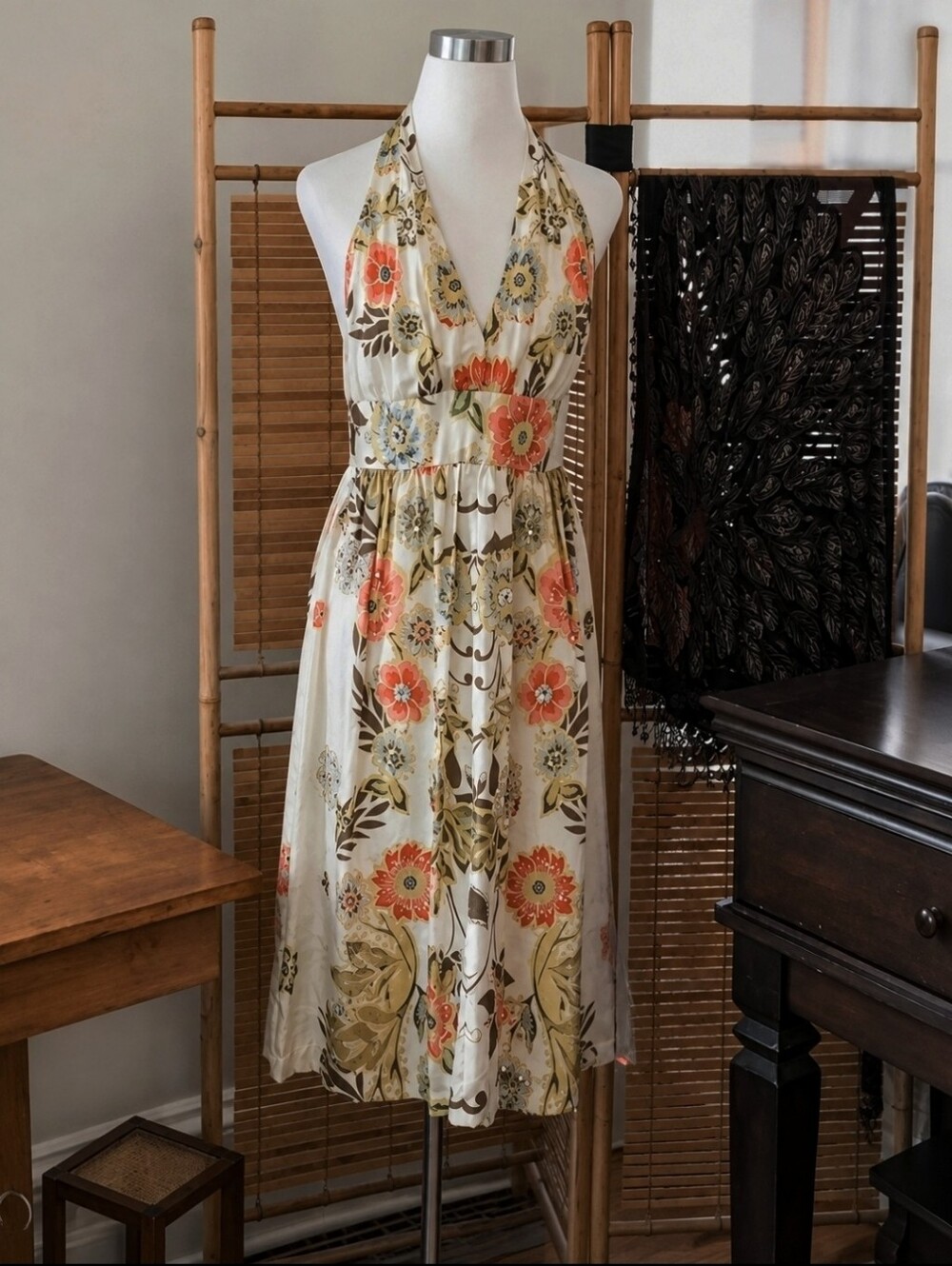 Suzi Chin Designer Silk Sequin Summer Halter Dress Maggy Boutique Beaded Size 10